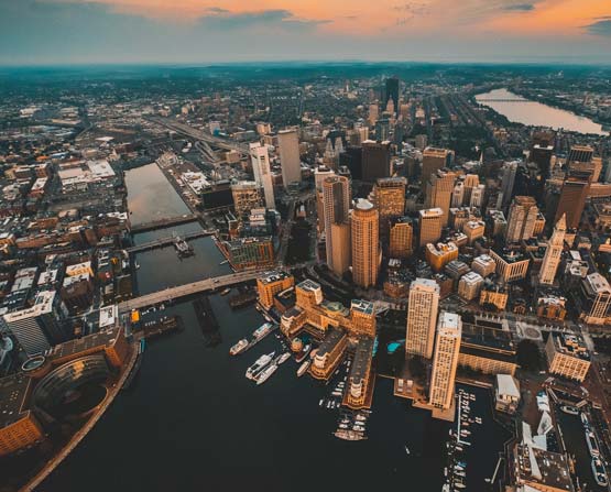 Overhead sunset picture of downtown Boston